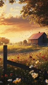 Golden hour sunlight warms rustic barn and wildflower field