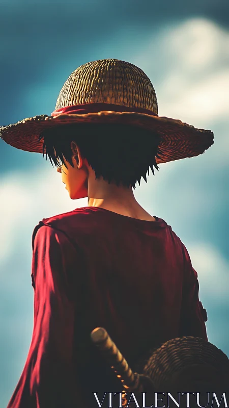 Straw hat character in red shirt against bright sky.