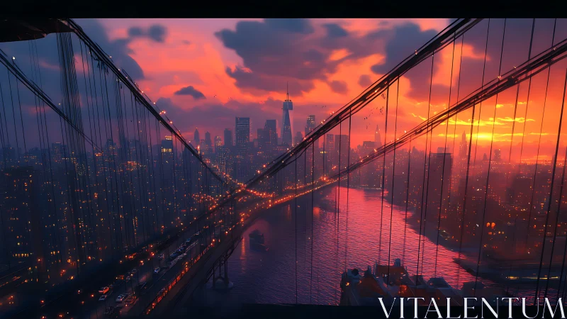 Suspension bridge arcs frame a neon-infused sunset metropolis
