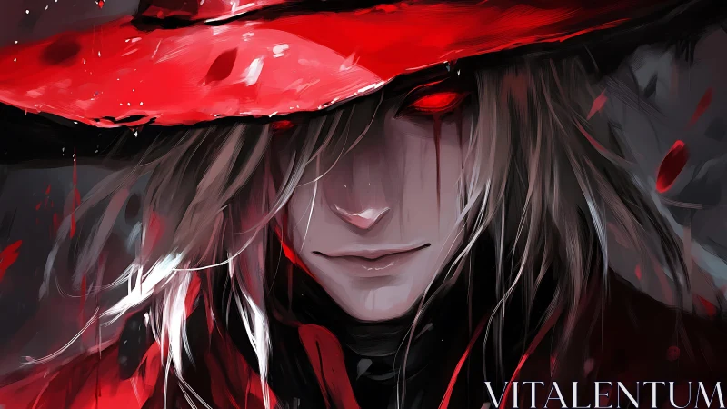 Enigmatic vampire in crimson hat smiles through bloody shadows