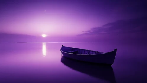Purple monochrome seascape isolates wooden rowboat at mirrorlike dusk