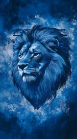 Blue lion portrait with intense gaze on textured sky.