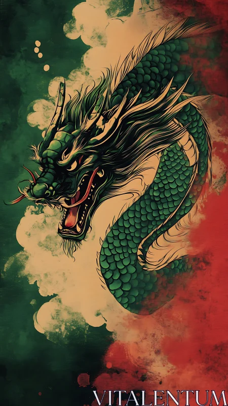 Emerald Eastern dragon coils through smoke in dynamic profile.
