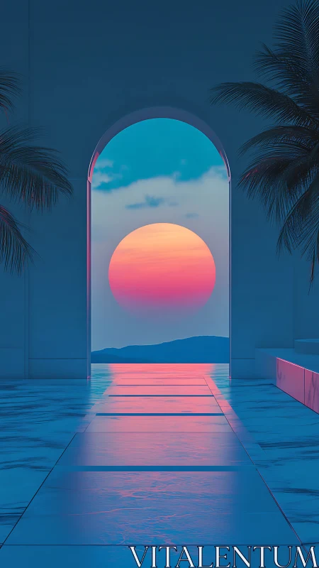 Neon sunset glows beyond marble archway and palm silhouettes