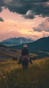 Lone cowboy on horseback facing distant mountain range.