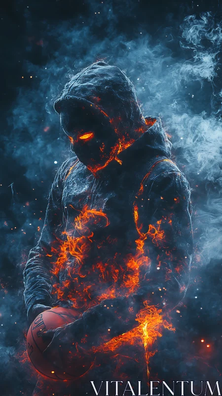 Fiery hooded basketball figure in a smoky dark void.