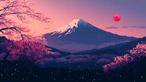 Snow-capped mountain with cherry blossoms at red dusk.