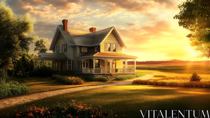 Sunlit rural farmhouse rendered in warm cinematic realism