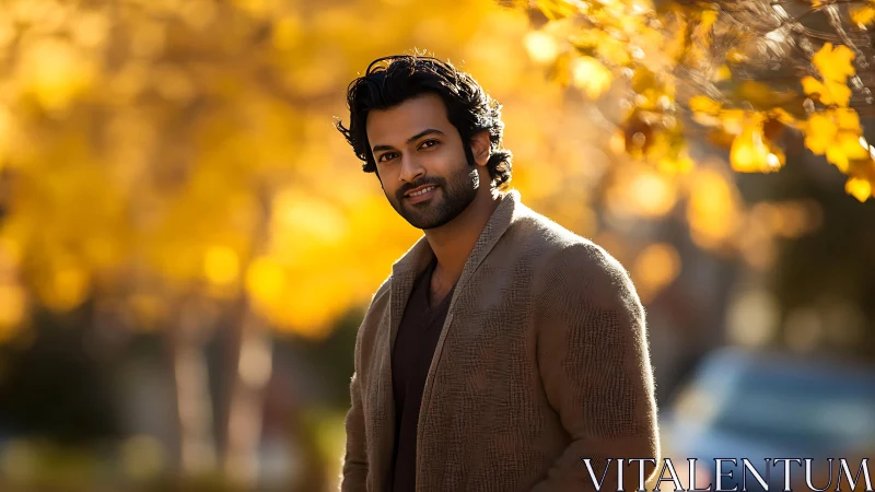 Portrait of man outdoors with autumn foliage background.