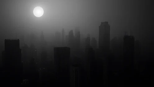 Dark foggy city skyline under harsh white sun at dusk.