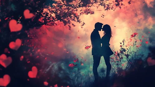 Silhouetted Couple Kissing in Dreamlike Floral Garden