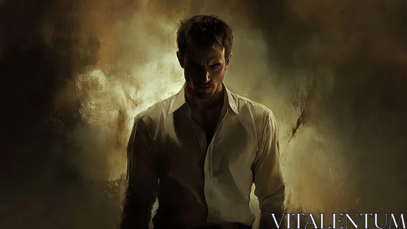 Male figure stands in dim light against diffuse painted backdrop