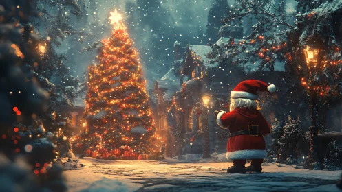 Snowy village Christmas tree glowing before Santa Claus.