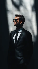 Confident man in a sharp suit enjoys bold city sunlight