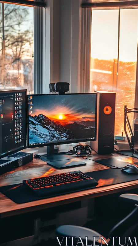Warm-lit dual monitor workstation with RGB keyboard glow.