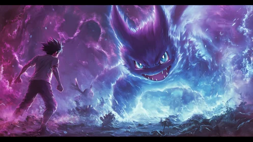 High-energy spectral clash between trainer silhouette and giant ghost