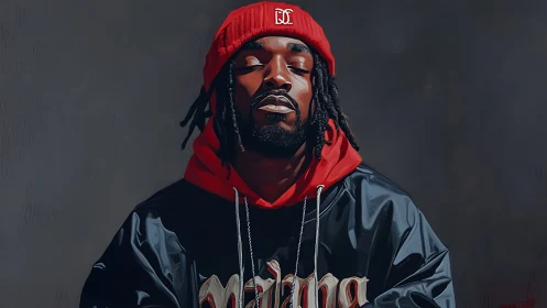 Closed eyes conduct quiet hip hop thunder beneath red cloth