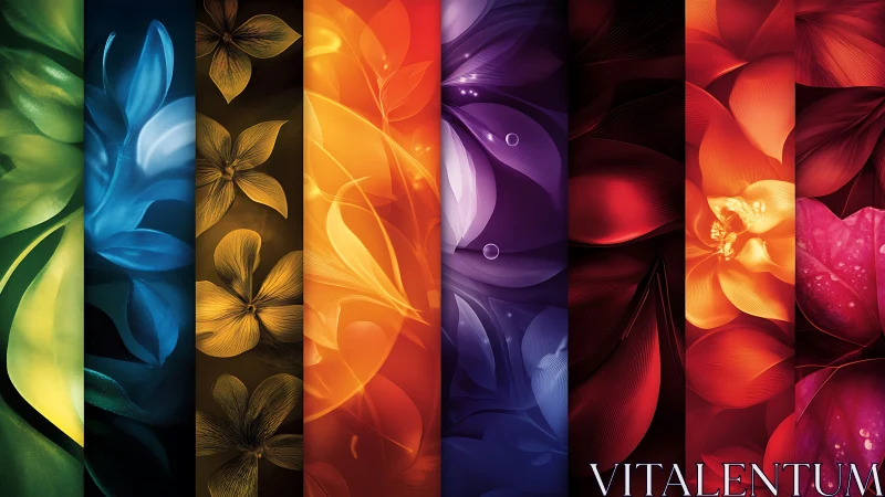 Floral spectrum panels blend luminous petals and deep color.