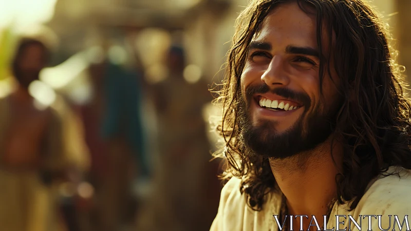 Sunlit smile of a wandering man in a warm rustic market.