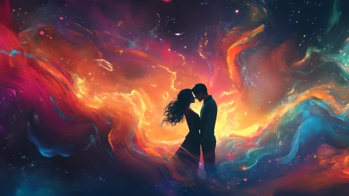 Silhouetted couple embracing in vibrant cosmic energy vortex.
