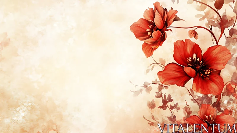 Botanical Watercolor Study: Red Floral Cascade on Textured Ground.