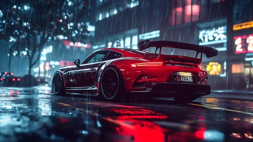 Red sports coupe on wet neon city street at night.