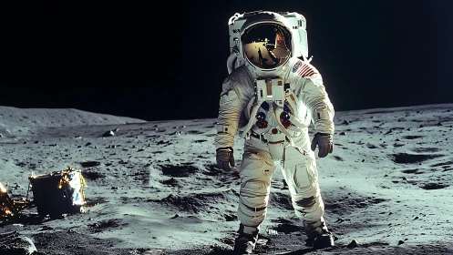 Astronaut in full EVA suit stands on lunar regolith under hard sidelight