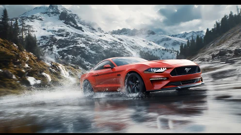 Red sports coupe drifts across wet alpine road with dynamic spray