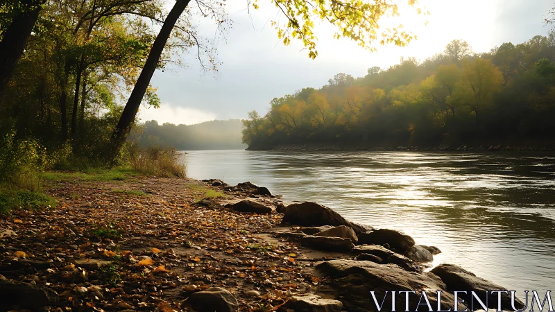 Calm riverbank in soft morning light with autumn trees.