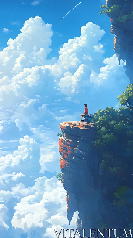 Solitary figure gazes across sunlit clouds from sky cliff.