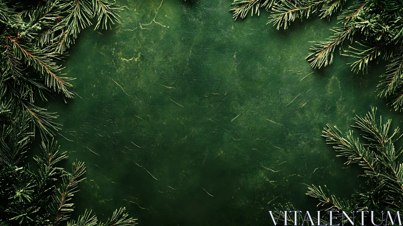 Evergreen branches frame textured green surface evenly