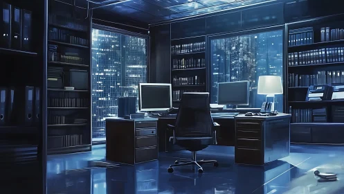 Sleek midnight office with dual desks and city skyline.