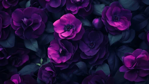 Neon Purple Anemone Flowers in Dark Garden Setting.
