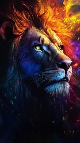 Regal lion profile with blazing neon cosmic mane