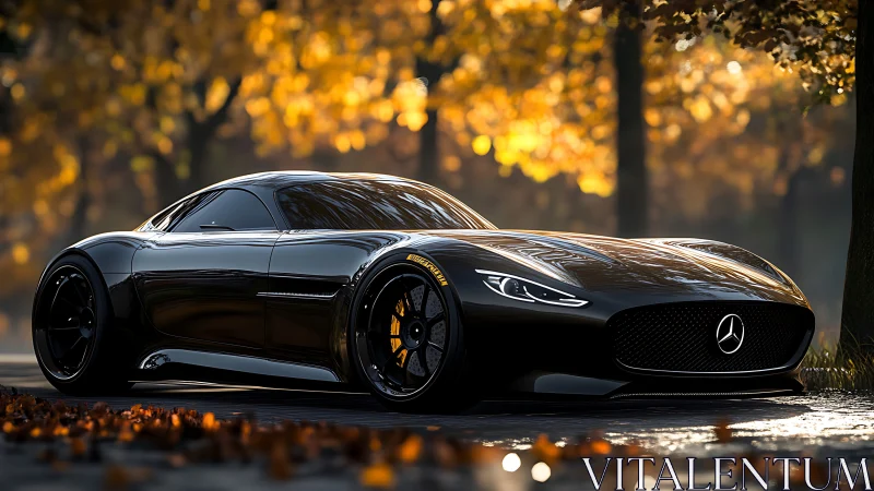 Sleek black supercar glides through golden autumn light
