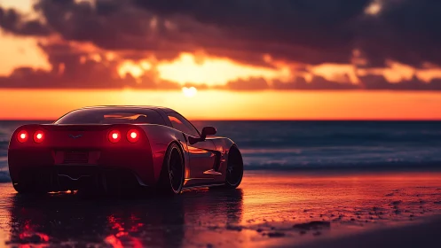 Red sports car reflects vivid sunset across wet shoreline
