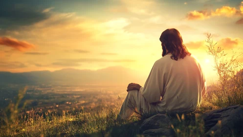 Quiet hillside sunrise with a robed figure in reflection.