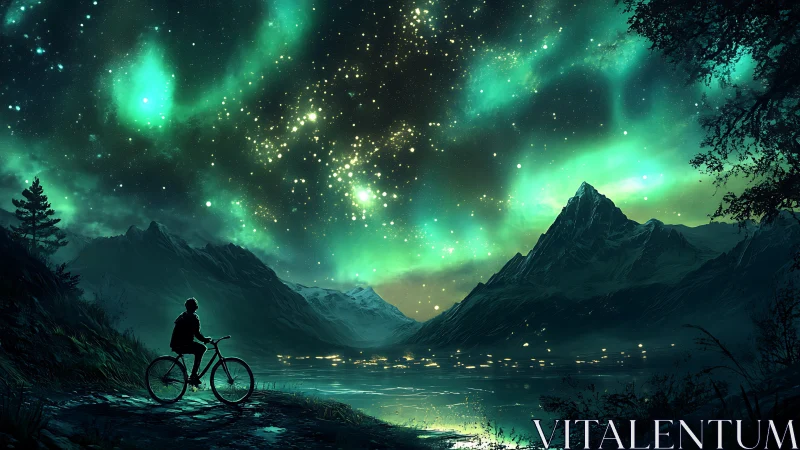 Stargazing cyclist under emerald aurora rivers of night.