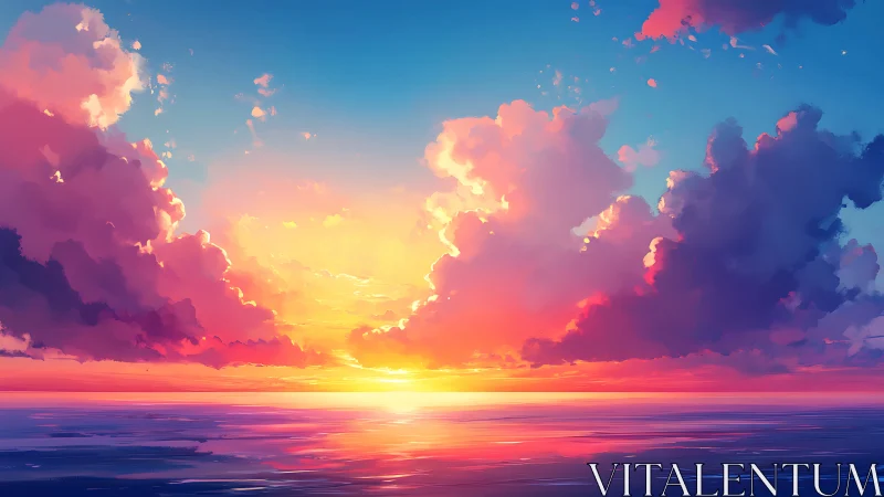 Vivid digital seascape with colorful sunset clouds.