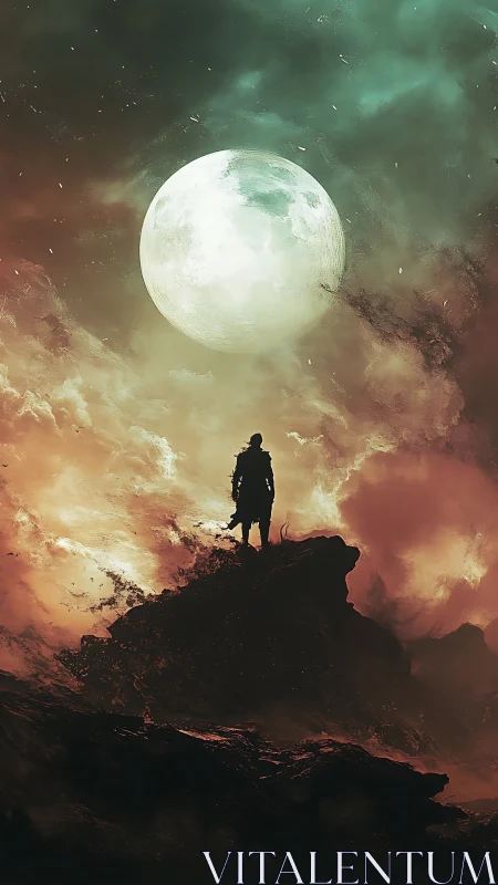 Lone wanderer stands beneath a glowing moonlit sky tonight.