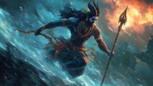 Mythic warrior strides through turbulent ocean with spear