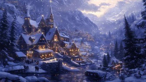 Snow-glazed village hums softly beneath storybook mountains