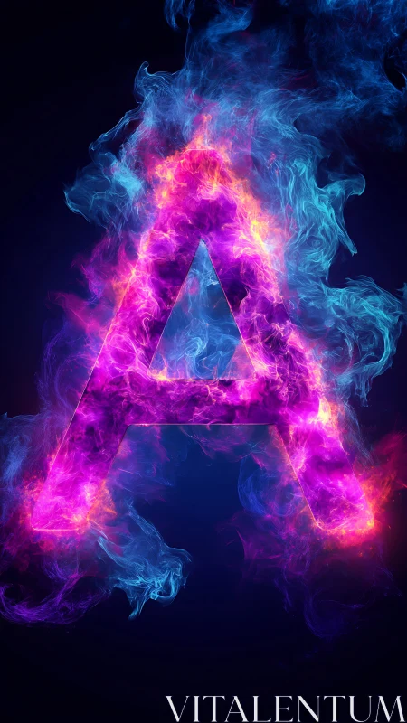 Neon letter A formed by bi-color plasma flames on black void