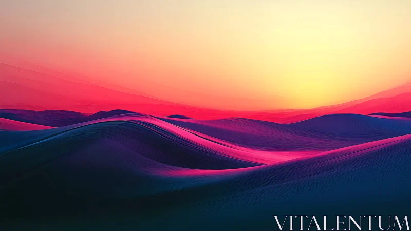 Gradient desert dunes under stylized sunrise light.
