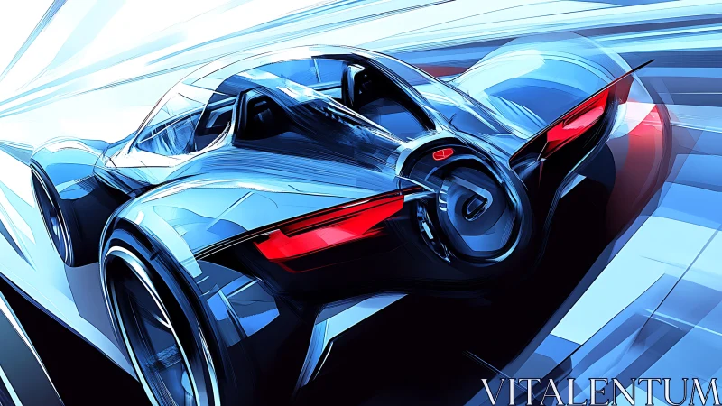 Red cartoon racing roadster on wet city street at sunset.