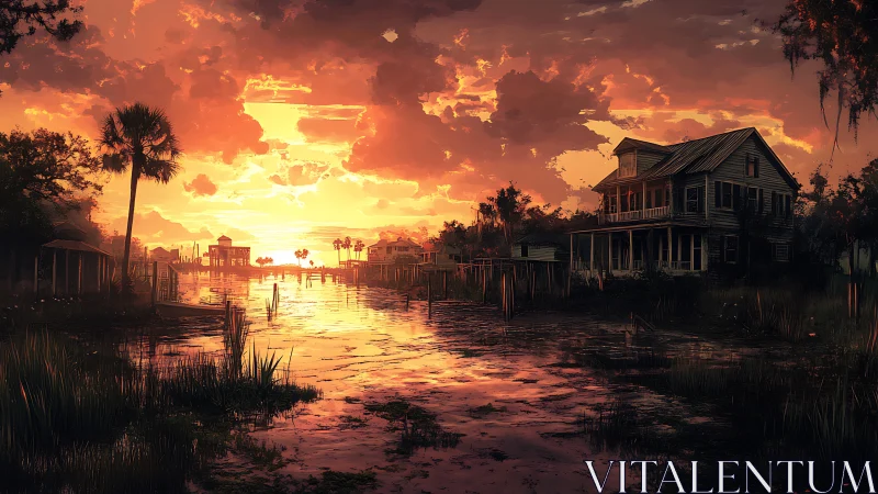 Sunset blazes over a quiet Southern bayou neighborhood.