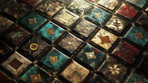 Textured metallic tile grid with embossed geometric motifs.