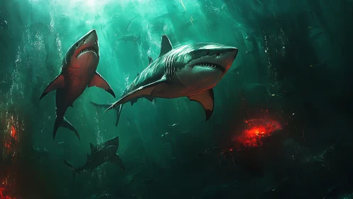 Luminous abyssal sharks over volcanic seabed disturbance.