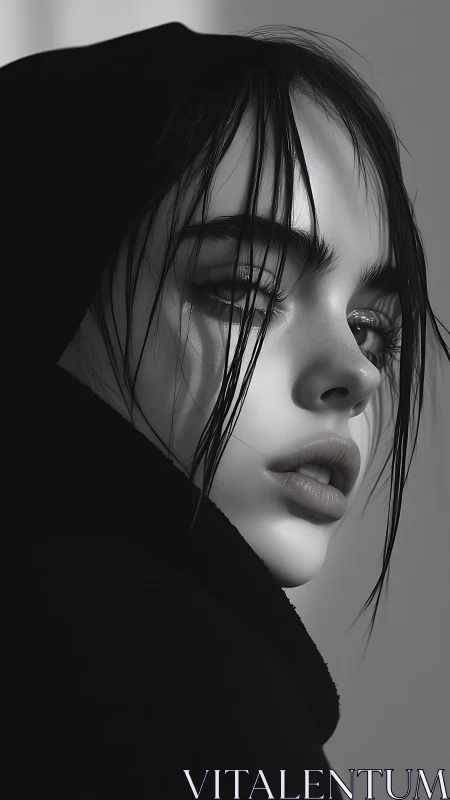 Monochrome close portrait of hooded person in profile view.