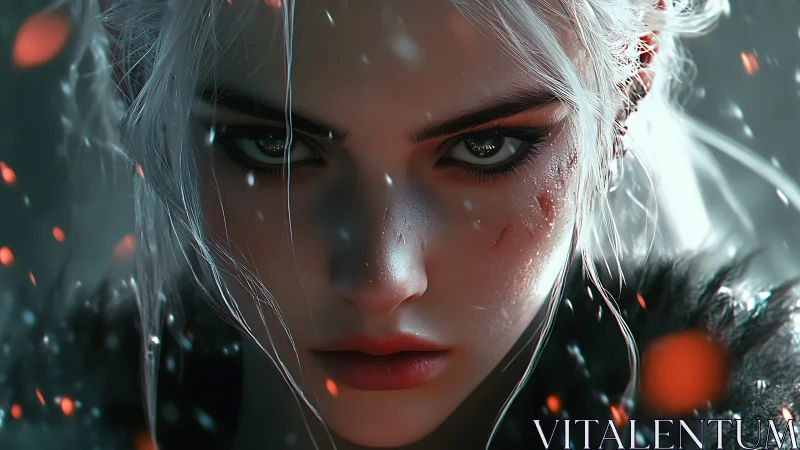 Fierce silver haired warrior close up with burning embers.